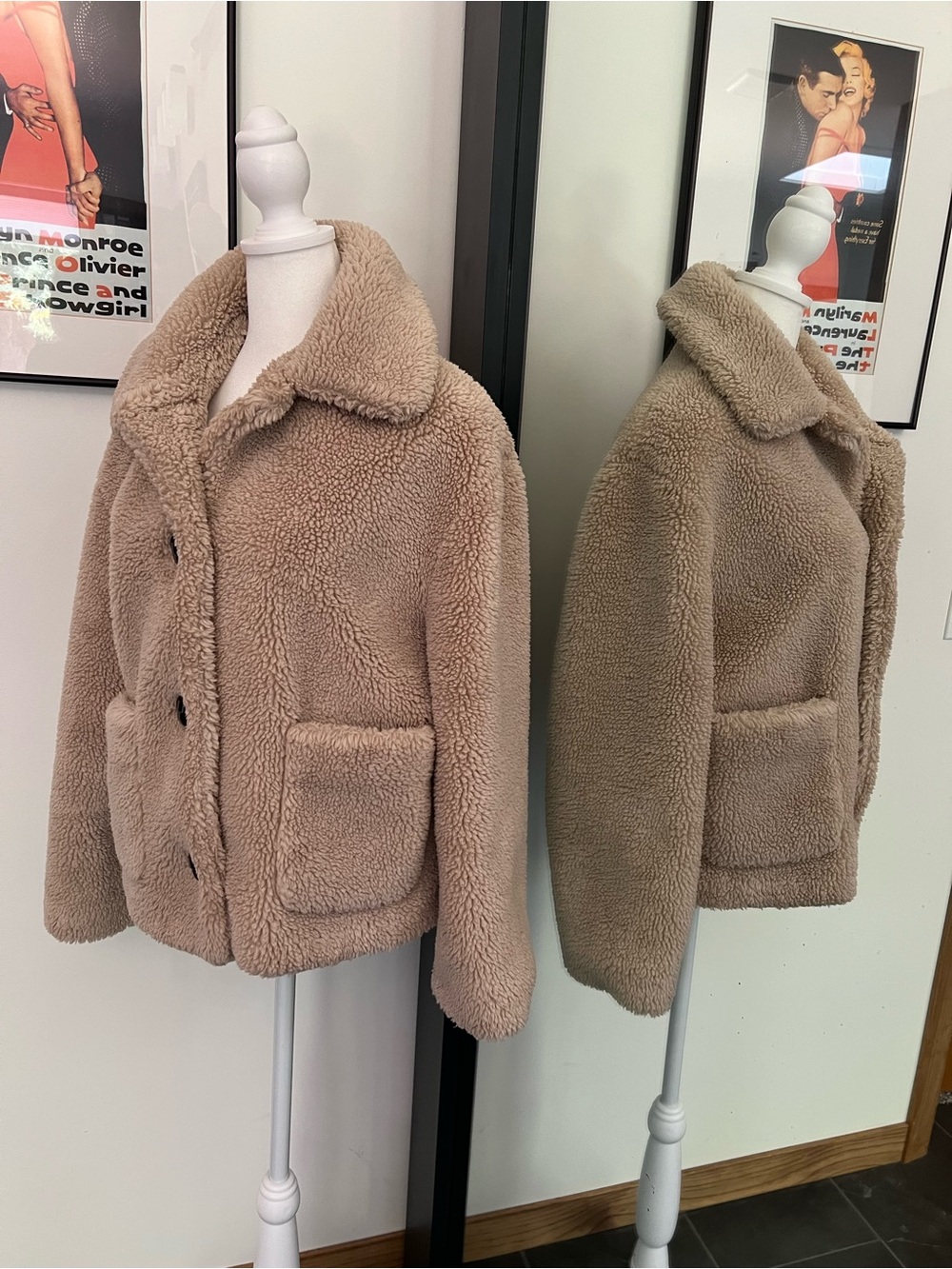 ZARA Women’s Faux Shearling Teddy Coat Jacket Beige Tan Button Front Small S
